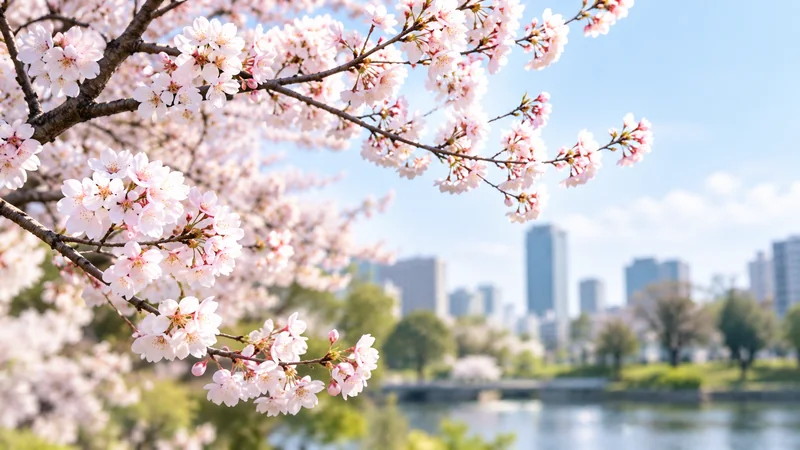 満開の桜と、その向こうに広がる街並み